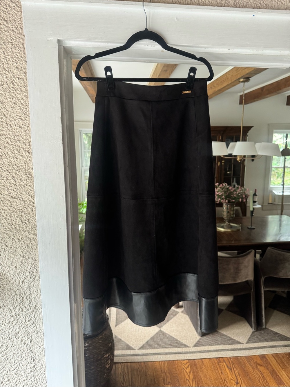 Marc New York Black Suede A-Line Midi Skirt with Leather Hem